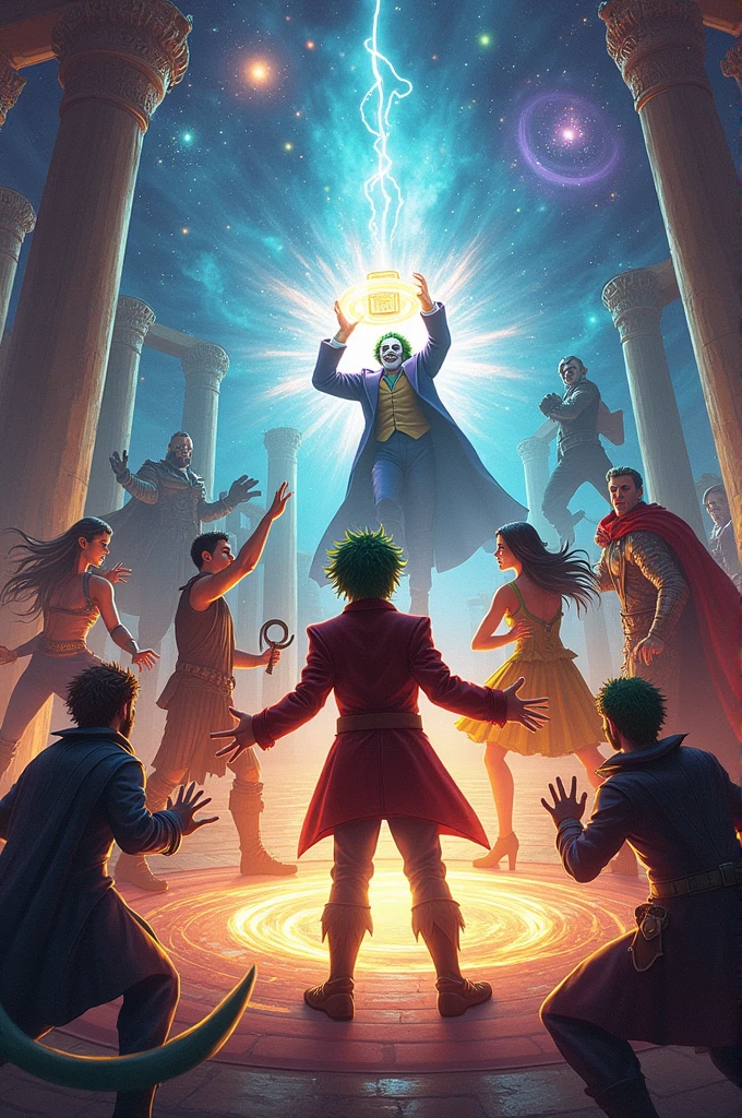 Make a POST in which Léo Valdez is in the middle of the image spinning the magic box with the joker dancing, and the other characters around Mad Hatter Cyborg Echo (Maya Lopez)
Jason Grace
Leo Valdez
Loki
Nico di Angelo
Piper McLean
Professor Xavier
Reyna Avila
Toph
Thor