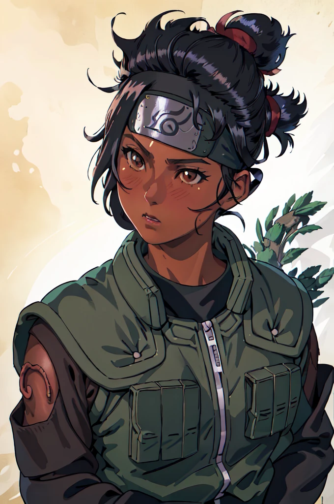 joninvest, forehead protector, black headband, konohagakure, japanese village background, brown skin, black hair, messy bun, extremely curly hair, (best quality, masterpiece, RAW photo,ultra-detailed:1.2), 1girl, solo, looking at viewer, action pose, full body