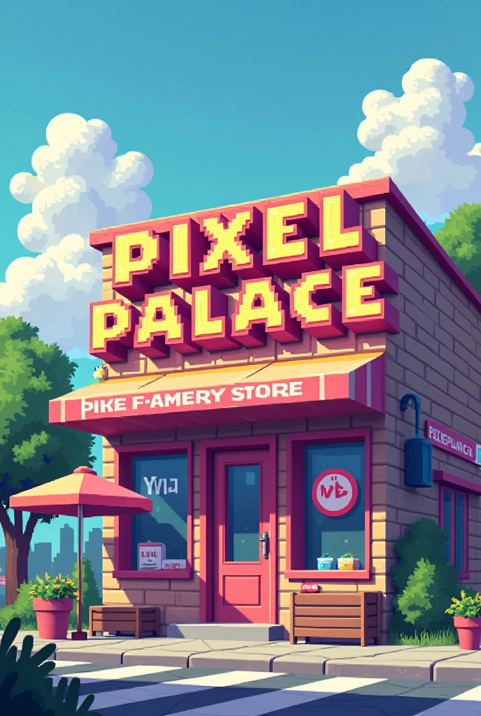 CREATE A THEME STORE WITH A NAME "PIXEL PALACE" THAT THE ENVIRONMENT IS COMPLETELY PIXELATED AND THAT THE NAME "PIXEL PALACE" BE AS READABLE AS POSSIBLE