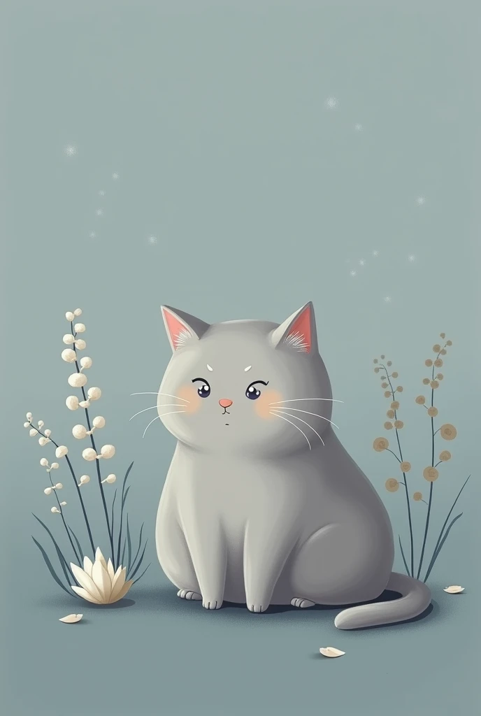 Hello, I want a wallpaper that has a gray cat with small beige spots on its face, I also want the image to have a background that is not so striking., preferably in cool tones