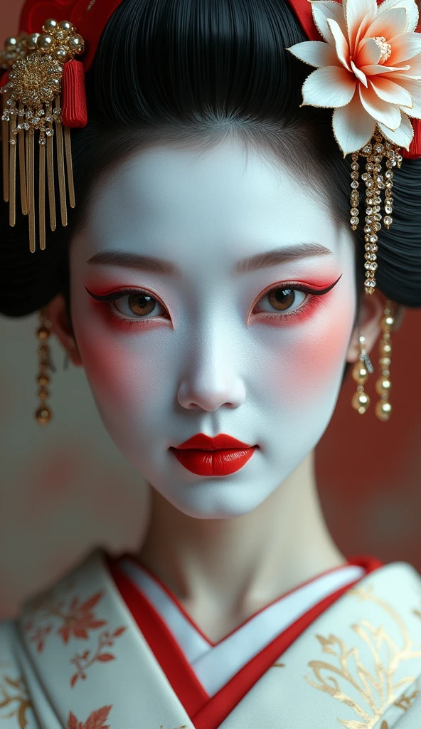 o Close-up of a geisha with traditional makeup, Show your white face、, Red lips painted in the shape of a heart、, The eyes have a slight red tint, An elaborate hairstyle adorned with a hairpin flower and a gold comb.