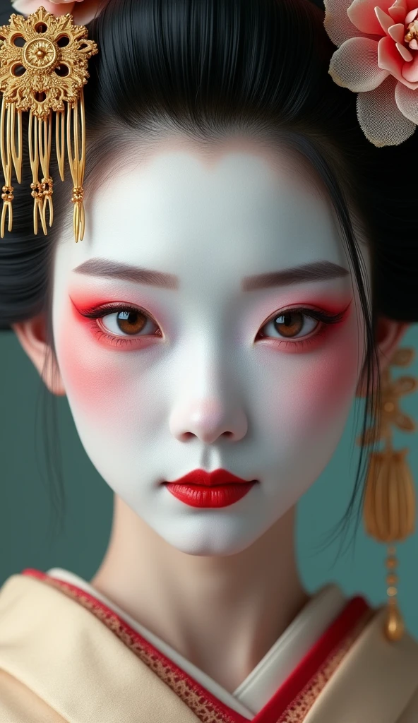 o Close-up of a geisha with traditional makeup, Show your white face、, Red lips painted in the shape of a heart、, The eyes have a slight red tint, An elaborate hairstyle adorned with a hairpin flower and a gold comb.