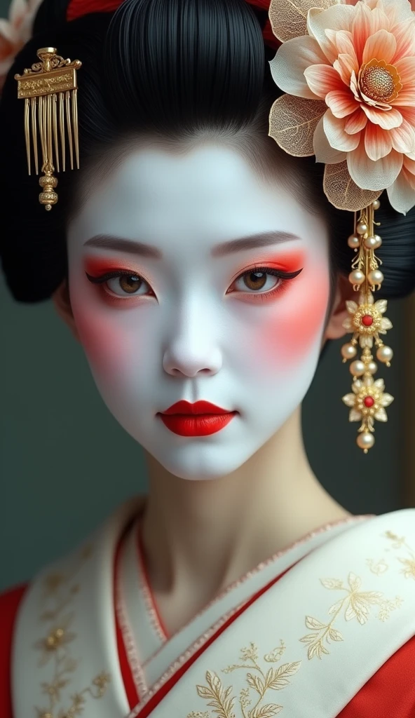 o Close-up of a geisha with traditional makeup, Show your white face、, Red lips painted in the shape of a heart、, The eyes have a slight red tint, An elaborate hairstyle adorned with a hairpin flower and a gold comb.