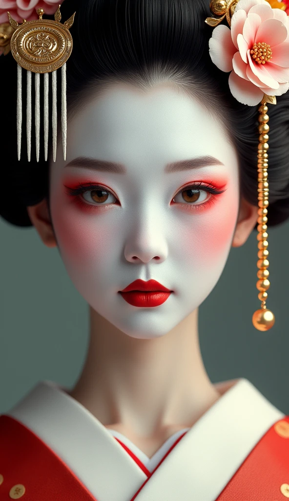 o Close-up of a geisha with traditional makeup, Show your white face、, Red lips painted in the shape of a heart、, The eyes have a slight red tint, An elaborate hairstyle adorned with a hairpin flower and a gold comb.