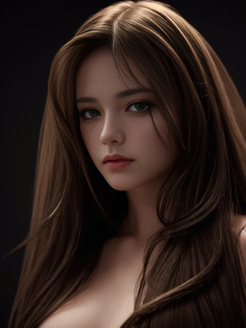 Highest quality, masterpiece, Ultra-high resolution, (Realistic:1.37), RAW Photos, One person, Long Hair, hair covered one eye, Beautiful Eyes, Beautiful Face, Detailed eyes and face, NUDE, Dynamic Lighting, In the Dark, Deep Shadow, Modest, Cowboy Shot