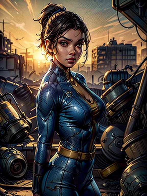 1girl, a girl in a fallout vault wearing a dark blue and yellow Fallout vault jumpsuit, pip-boy 3000, ponytail brunette hair, round breasts, detailed cleavage visible, post-apocalyptic, nuclear wasteland, desolate, ruined city, dramatic lighting, cinematic, photorealistic, 8k, hyper detailed, masterpiece, beautiful detailed face, beautiful detailed eyes, beautiful detailed lips, beautiful detailed nose, vaultsuit, looking at the viewer 