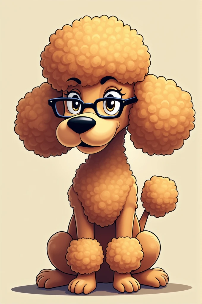 Draw an angry, arrogant, snobbish poodle dog with glasses and fluffy fur in cartoon style