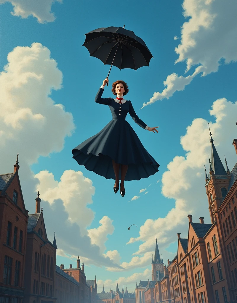 Cinematic Picture of The enigmatic magical nany [Mary Poppins:Julie Andrews:0.1] with her black umbrella she's levitates in the sky, with London City scene in Background, insanely detailed and intricate, photo realistic oil on canvas, Fon Lawrence style with Dtidio Ghibli Aesthetic