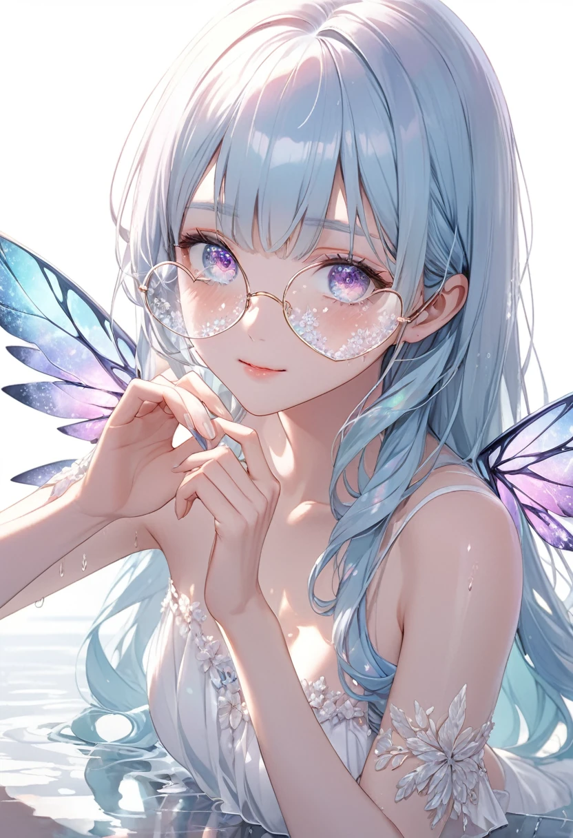 masterpiece, best quality, extremely detailed, (illustration, official art:1.1), 1 girl ,(((( light blue hair)))), ,(((( light blue long hair)))),light blue hair, ,((blush)) , cute face, big eyes, masterpiece, best quality,(((((a very delicate and beautiful girl))))),Amazing,beautiful detailed eyes,blunt bangs((((little delicate girl)))),(((tareme))),droopy eyes.(true beautiful:1.2), sense of depth,dynamic angle,,,, affectionate smile, (true beautiful:1.2),,(tiny 1girl model:1.2),)(flat chest),soft focus , light gradation watercolor , lens flare , glitter , glow , dreamy , white background、Grid illusion, Colorful, Girl、((extremely detailed eye:1.5)),((Face Zoom:1.5)),((Face Focus:1.5))Beautiful and aesthetic: 1.2)),{{hyper detailed masterpiece: 1.7}}, {{Cinematic lighting}},(The hair　Transparency:1.5）,(Light shades:1.5，White tones，Light white background:1.5、optic:1.5，Cold reflection:1.5，Object edges are reflected in white:1.5) 、(God on the back々large iridescent wings,:1.5)、(Golden ratio: 1.2), (Full body: 1.2), (Super Detail: 1.3), (girl with: 1.3), (Fractal Art: 1.3), {{{Glitter Pupil:1.25}}}) ,((Making a heart shape by hand:1.5)),patterns, (Glittering blue hair, Shiny hair: 1.2)), , Writing, , (Colorful: 1.5), (((Shy face)), (full body Esbian), (Hyper-detailing), ((delicate detail)), (intricate-detail),((a closeup)),((Seductive smile)) (Full body:1.2),(look at viewr:1.2),(Dazzling light:1.5)、(white world:1.5)、(Very heavy rain:1.5)、、、Big eyes、(Breaking glass:1.5)、{{ Stunning illustrations of amazing celestial objects}},
