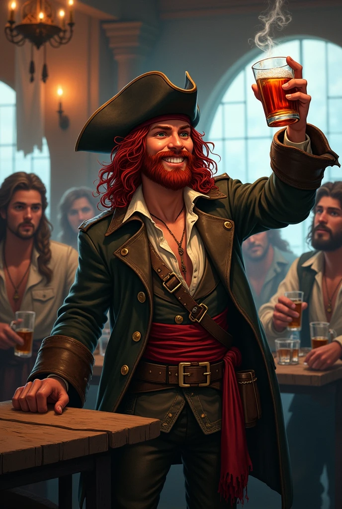 Create an image of a full human race pirate for D&D. A 20 year old pirate with long curly, garnet red hair, He has a short beard with a goatee and a garnet red moustache with dark green eyes.. He wears a black leather battered hat, He wears a long, worn and old brown pirate-style trench coat, with a light shirt and a ruined vest underneath. In life he wears a red sash with a belt, above the belt two pirate sabres. He is drinking rum and laughing celebrating with other sailors in a pub with the largest pirate port in the world in the background. realistic-warm and cold colors-young character