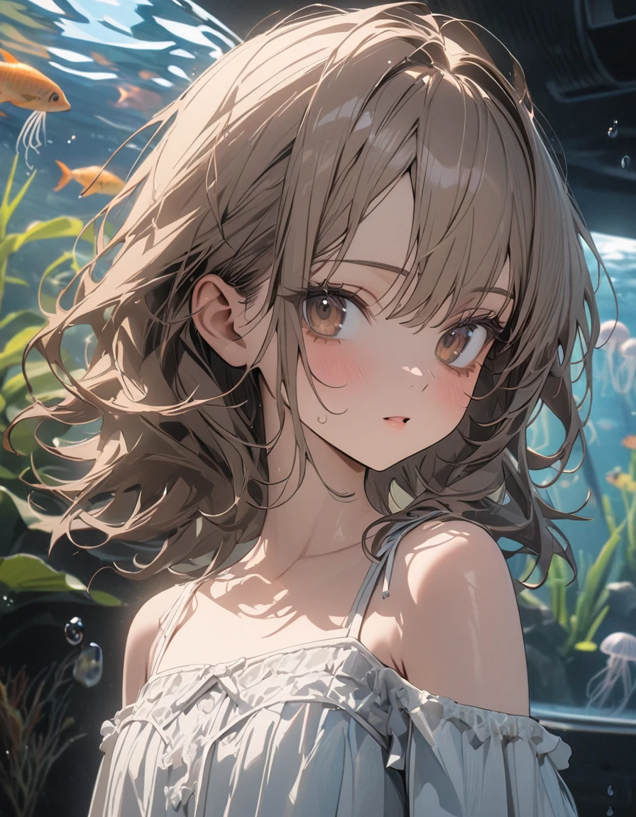 ((Masterpiece)), ((best quality)), ((wide shot)), (super detail:1.2), (High Definition:1.3), ((extremely detailed)), (8K), (Professional Photography:1.2), (very aesthetic:1.2), (absurdres:1.2), perfect anatomy, intricate details, (sharp focus), (perfect light), (drop shadow), ((1girl)), (Cute teenage beautiful Girl), Portrait shot, (morning), messy medium hair, (slightly exposed small chest), Beautiful collarbone, (Cheesy ragged camisole top), white camisole, Slender body, (place hand on hip), Sweaty skin, (nauthy smile), open mouth, ((Beautiful brown eyes)), Textured skin, (Cat ears), Pale brown hair, Cute Beautiful Girl, BREAK, ((In the beautiful aquarium)), jellyfish swim, (cute cheeks), glossy lips, pouty lips, bags under the eyes, (lower eyelashes), tilt head to the side, (detailed background:1.2), newest, clear line,