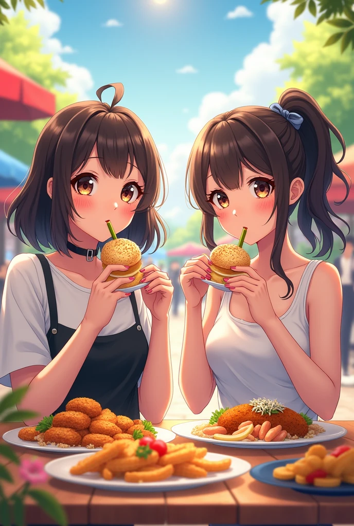 Highest quality、High resolution、Detailed Background、(Beautiful face in every detail:1.4)、Anatomically correct、Normal number of fingers、(Detailed eyes)、Teen anime beauties、Bobcut、ponytail、well-groomed eyebrows、Perfect body line、cute仕草、Food Festivals、
(Food Festivalsを楽しんでいる2人の美女:1.5)、(Two beautiful women eating various dishes:1.5)、
Food Festivalsは公園やイベントスペースや屋外会場など広いスペースが必要な場所で開催される、Sometimes it is held in urban areas or tourist spots.、You can enjoy a variety of cuisines、cute
