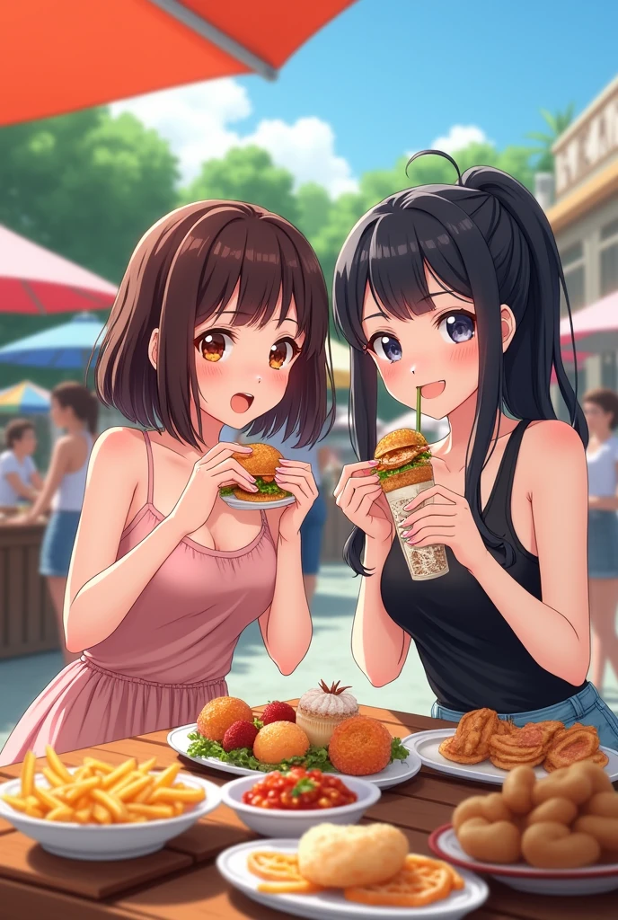 Highest quality、High resolution、Detailed Background、(Beautiful face in every detail:1.4)、Anatomically correct、Normal number of fingers、(Detailed eyes)、 anime beauties、Bobcut、ponytail、well-groomed eyebrows、Perfect body line、cute仕草、Food Festivals、
(Food Festivalsを楽しんでいる2人の美女:1.5)、(Two beautiful women eating various dishes:1.5)、
Food Festivalsは公園やイベントスペースや屋外会場など広いスペースが必要な場所で開催される、Sometimes it is held in urban areas or tourist spots.、You can enjoy a variety of cuisines、cute
