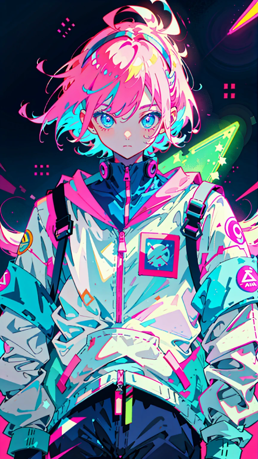 Anime, Dressed as an astronaut, Neon pink and blue colors, scar, Stickers, Neon style full shot
