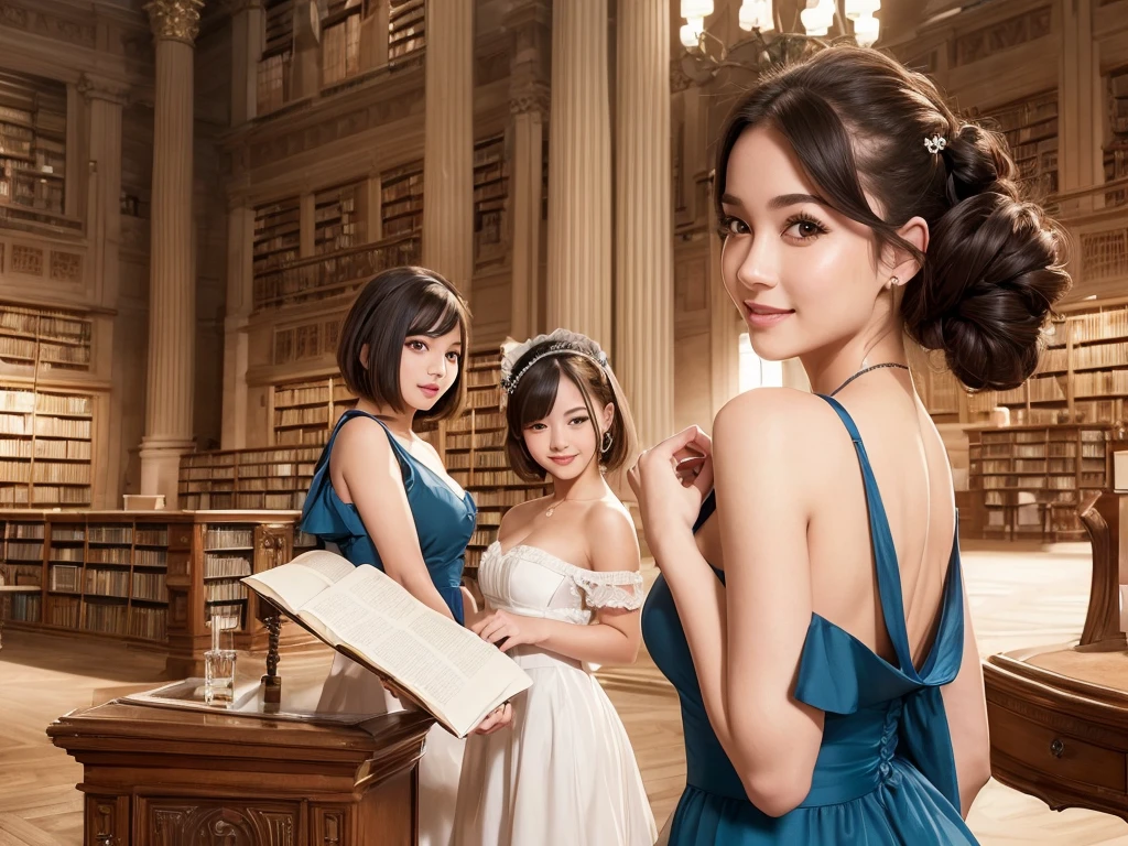 ((4 maids girl in fancy big library)), offshoulder, light smile, shiny skin, best quality, masterpiece, (photorealistic:1.4)