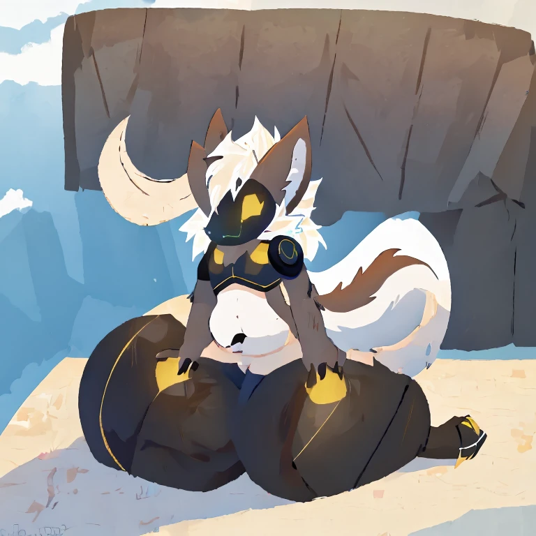 Female Protogen with extremely wide hips, skinny, unhumanly gigantic breasts, hyper sized breasts, extremely humongous thighs, Extremely humongous ass, white hair, white fur, huge White fluffy tail attached to back of pelvis, and reddish highlights. Blue glowing eyes, white fur tufts, front view, wearing Grey armor without ass covering, with just her ass exposed, wearing a black latex bra, sitting on her knees with her tail between her legs burying her face into her tail.