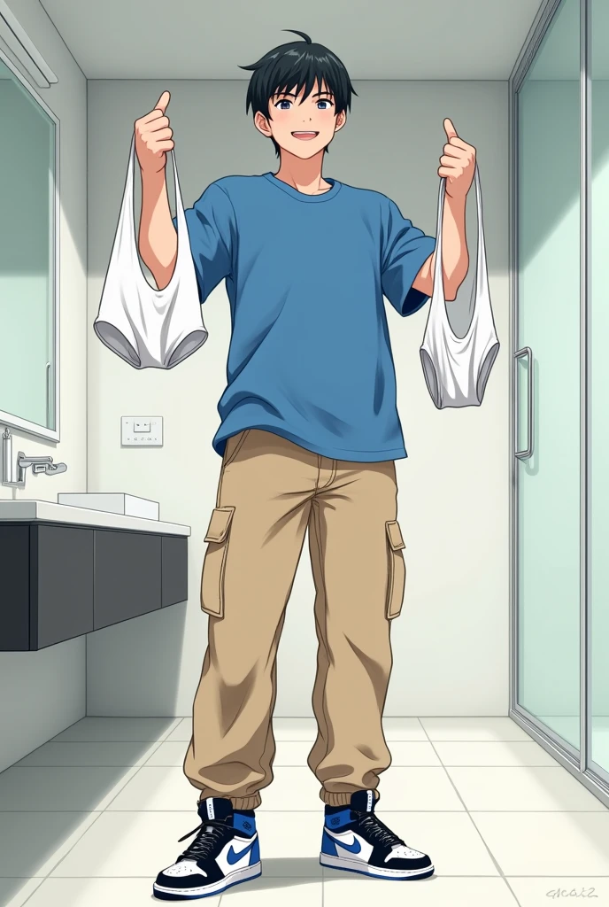into the image, a cool ager , with white skin and straight black hair, is posing in a bathroom. He wears a blue t-shirt and beige cargo pants., complemented by a pair of Air Jordan sneakers in blue, black andwhite. The young man is holding only a pair of underwear (of the boxer model), this underwear is white (medium-sized) with both hands, displaying it to the "Camera", with a happy and relieved expression. The bathroom in the background is modern and minimalist., with details like a large mirror and light tiles. The teen's expression is relaxed and fun, besides him appearing relieved, giving a casual and informal tone to the image, In anime style, ele segura apenas uma cueca of the boxer model medium-sized, sendo segurada with both hands, He looks like he's not wearing underwear under his pants!