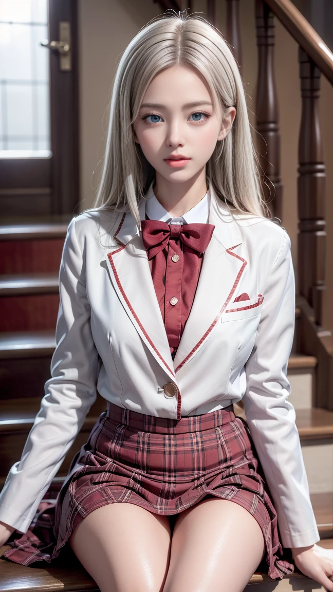 最高品質のwork,actual work,Ultra Premium Graphics,8K HD CGオペレーション,High quality graphics,고화질 CG work,10x pixels,Extremely fine detail:1.1,Advanced Technical Details:1.1 Real,(sitting cross-legged on the stairs)Natural light:1.5. Lighting Effects(virtual Lighting Effects:1.8),Wet長いSilver Hair,Silver Hair,Transparent Hair,Hairstyles with great attention to detail(Premium Hair Detail:1.1)Clear Eyes,Beautiful double eyelids,Sharp eye makeup, Delicate eyelash makeup, Thin eyebrows, Very fine particles,High nose, I like red lips, Rose Cheek, Modest makeup face , Cute Face, Perfectly balanced face,(Advanced Face Detail:1.1),The Shining,very coolドレス,Bright Red Series,((Front open wet white blazer)) 、(透け感のあるWet白いブラウス)、(Red bow tie)、(Wet Check Skirt)、、 、photo shoot,woman'work,Full body portrait,realism,very cool,My eyes are shining today too、(8. she'that'Wet)),(Sudden rain、Wind),(Windでスカートが舞い上がる),(I can see your pants)、