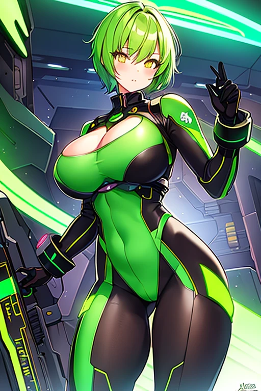 1girl, green hair, very short hair, pixie cut, yellow eyes, serious, glowing eyes, large breasts, breasts, thick thighs, toned, toned female, bodysuit, pilot suit, futuristic, science-fiction, neon, neon trim, neon light, black bodysuit, space,