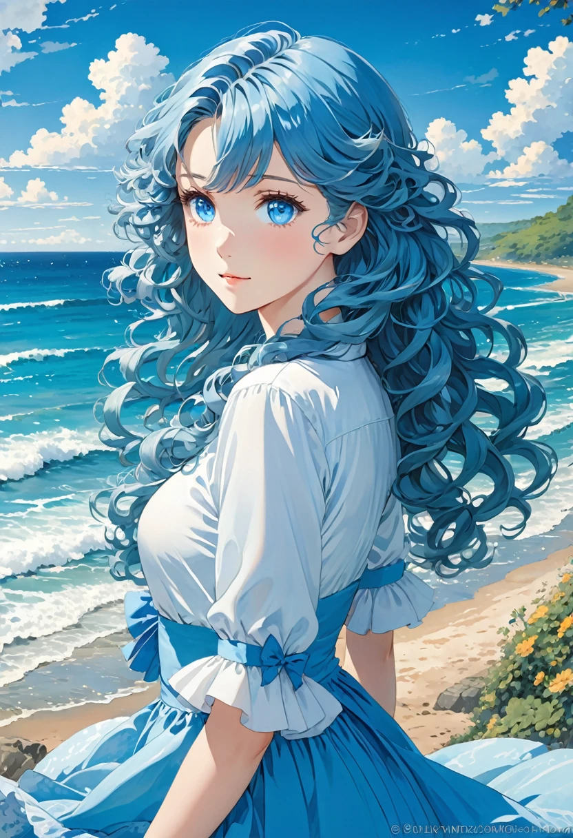 Anime image of a girl. Long Blue hair. Blue eyes. Near the sea. Curly silky hair,
