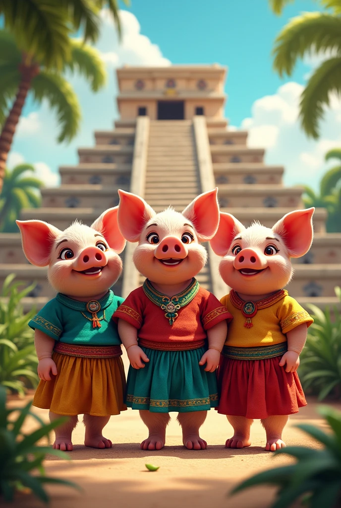 3 little pigs dressed in Yucatan style and with a pyramid-style background