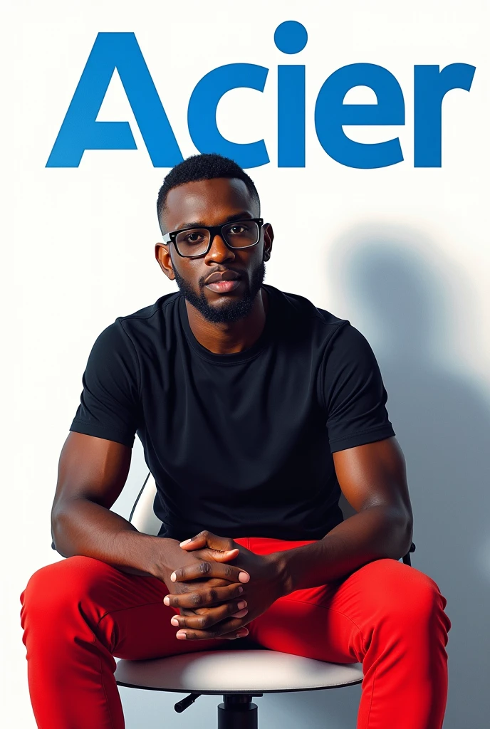 Drawing of a black man, wearing black framed glasses and red legs, with a black t-shirt, Aciex office, the Acie written in blue, and the blank X 