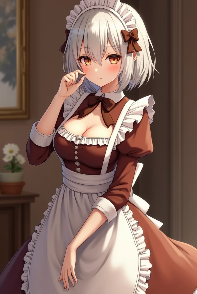 Brown maid outfit, short white hair bowcup,