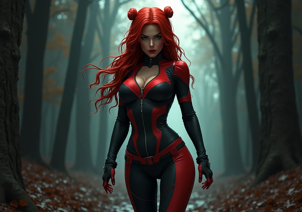 red-haired woman,com penteado pigtails,with black and red clothes,fully body,background walking in the dark,look forward walking straight