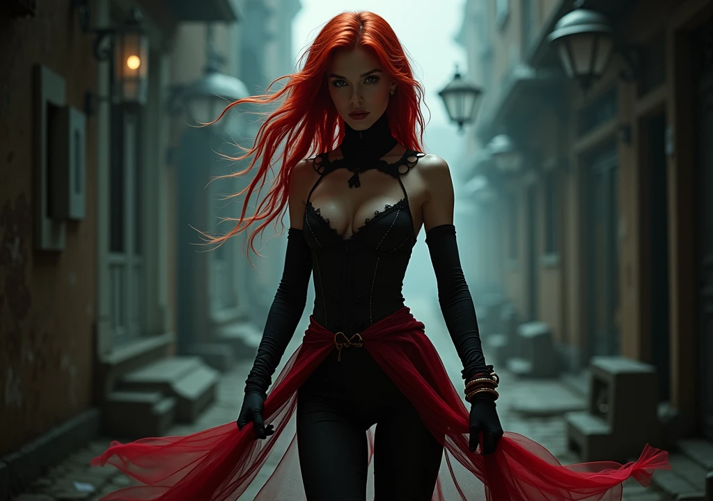 red-haired woman,com penteado pigtails,with black and red clothes,fully body,background walking in the dark,look forward walking straight