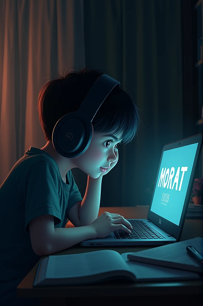 Create a boy studying at night listening to music on his headphones with his laptop screen saying morat