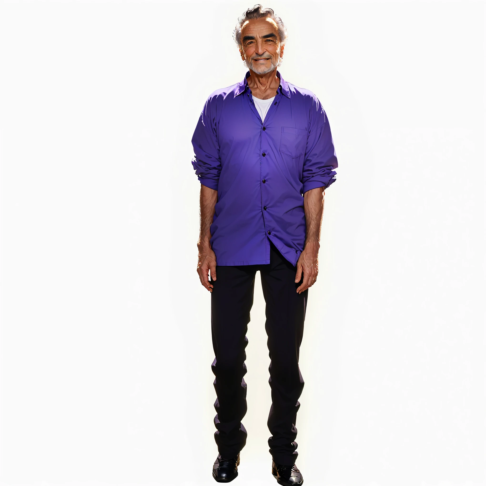 vittorio gassman, 60 years old, smiling, arafed man in a purple shirt and black pants standing,