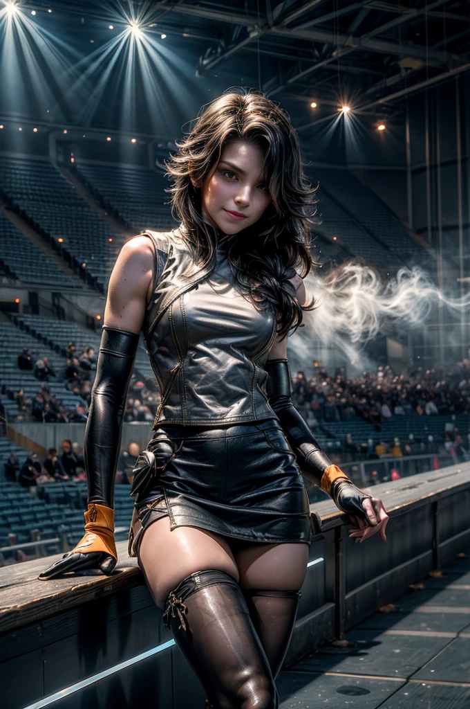 (masterpiece, best quality:1.2), cowboy shot, solo, 1girl, cinder fall, evil smile, looking at viewer, long hair, t-shirt, white skirt, sleeveless jacket, elbow gloves, pantyhose, standing inside sport stadium, spectators, crowd (volumetric lighting), sharp focus, hyper detailed 