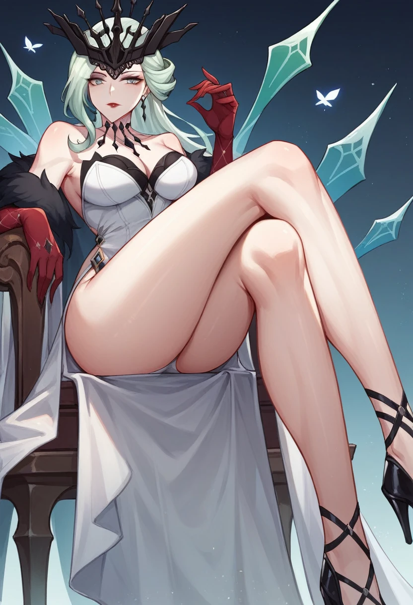 1 girl, La Signora, Genshin Impact, white dress, sitting on a chair, legs crossed