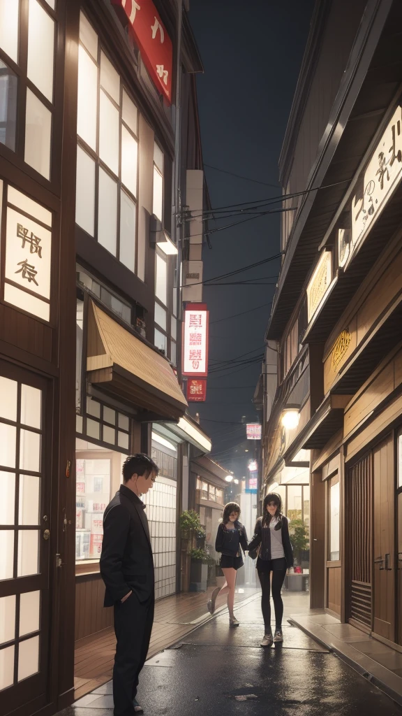Sudden squall。A female student and a male student taking shelter from the rain under the eaves of a tobacco shop。Showa era streetscape。Both of their clothes are wet。Being aware of each other。