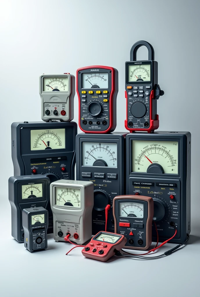 Create an image where you can find ammeters: analog ,digital, clamp, low consumption but there is one of each