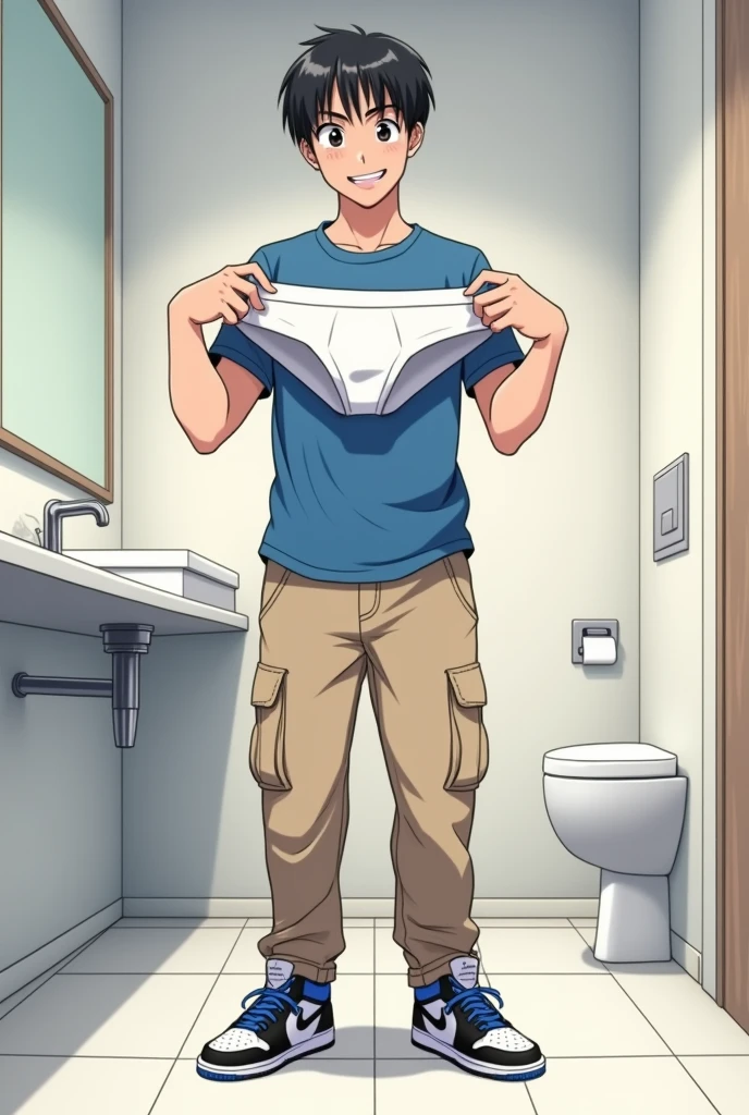into the image, a cool ager , with white skin and straight black hair, is posing in a bathroom. He wears a blue t-shirt and beige cargo pants., complemented by a pair of Air Jordan sneakers in blue, black andwhite. The young man is holding only a pair of underwear (of the boxer model), this underwear is white (medium-sized) with both hands, displaying it to the "Camera", with a happy and relieved expression. The bathroom in the background is modern and minimalist., with details like a large mirror and light tiles. The teen's expression is relaxed and fun, besides him appearing relieved, giving a casual and informal tone to the image, In anime style, he holds only one (th1) cueca of the boxer model medium-sized, sendo segurada with both hands, He looks like he's not wearing underwear under his pants!