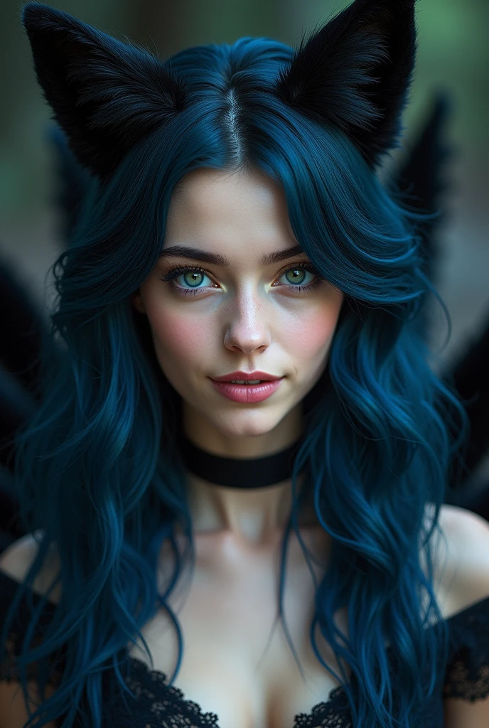 photo d'une jeune femme de 20 ans, européenne la peau claire. Her long wavy blue-black hair cascading over her shoulders with two black fox ears. a sweet, playful face with navy blue eyes filled with mischief. small fangs protruding from his lips. She is smiling. Elle est vêtu d'un body en dentelle noir. She has several black fox tails sticking out of her back