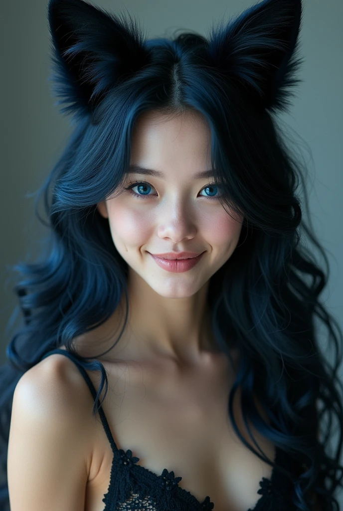 photo d'une jeune femme de 20 ans, européenne la peau claire. Her long wavy blue-black hair cascading over her shoulders with two black fox ears. a sweet, playful face with navy blue eyes filled with mischief. small fangs protruding from his lips. She is smiling. Elle est vêtu d'un body en dentelle ????. She has several black fox tails sticking out of her back