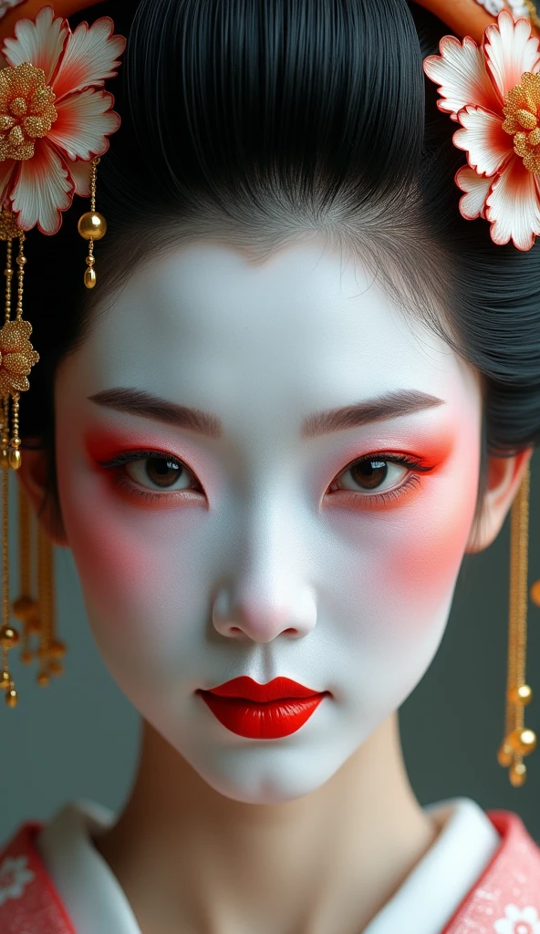 o Close-up of a geisha with traditional makeup, Show your white face、, Red lips painted in the shape of a heart、, The eyes have a slight red tint, An elaborate hairstyle adorned with a hairpin flower and a gold comb.