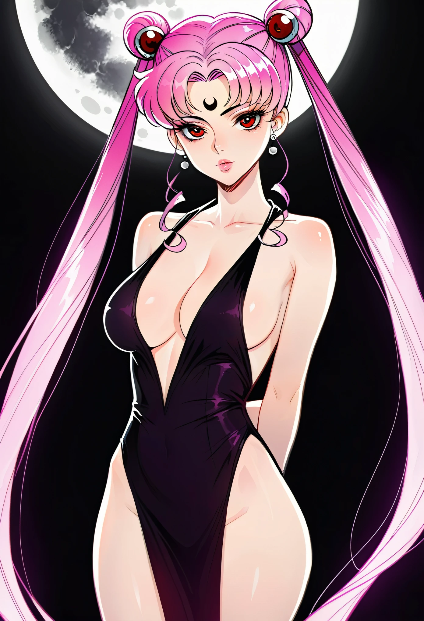 Wicked Lady from Sailor Moon, pink hair, red eyes, black background, ((black half moon tattoo on forehead)), standing, contrapposto, slim thighs, perfect breasts, arms behind back, ulzzang, long eyelashes, small nose, full lips, porcelain skin, natural lighting, warm color palette, chiaroscuro lighting, dramatic shadows, sensual, alluring, mature themes, artistic, dreamlike, ethereal, arms behind back, sideboob, cleavage, looking at viewer, long black dress, cleavage, twin tails,
