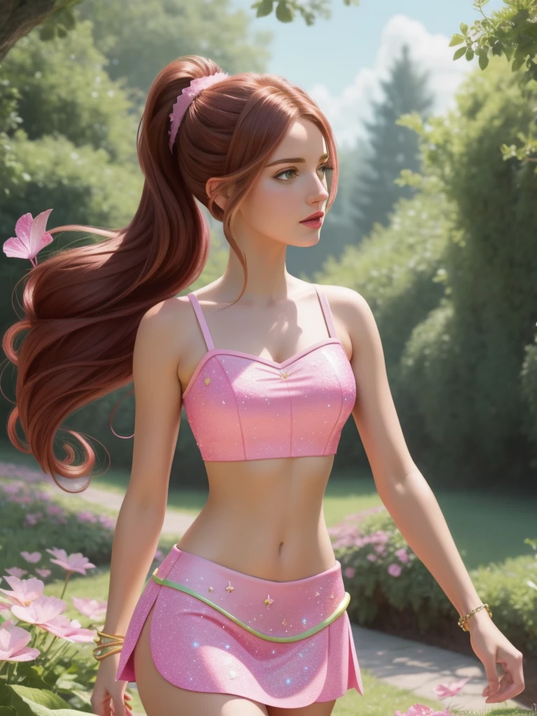 (best_quality, add_detail, masterpiece), woman, Flora_Winx, Flora_Winx style, Flora_Winx clothing, fairy wings,  pink  crop top, pink short  petal skirt , brunette, hairstyle   ponytails, slim figure,  flawless appearance, flawless anatomy,  Nature fantasy background, stardust,  cinematics, realistic art, 8K, fantasy, --style raw, 
