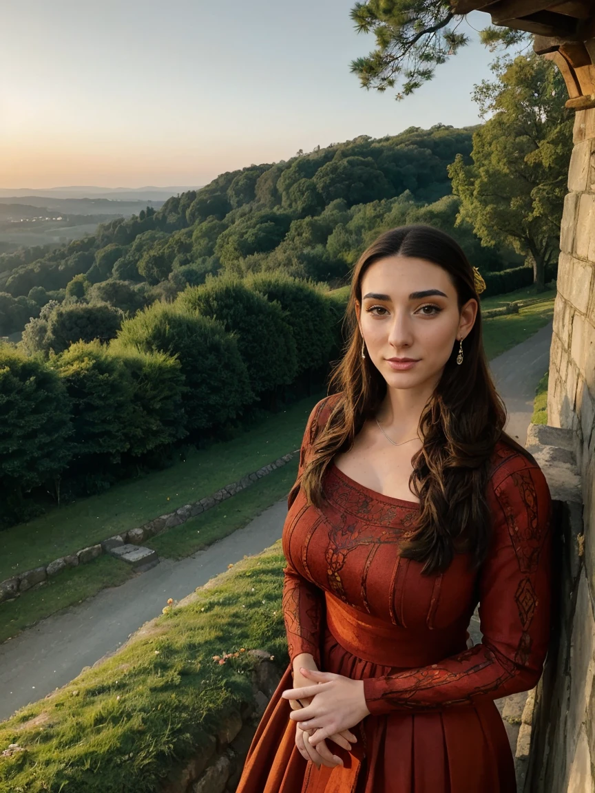 Gorgeous and sultry busty athletic (thin) brunette queen with sharp facial features wearing a modest updo, dark red medieval dress, long sleeves, intricate patterns, scrollwork, wide neck, crown, veil, long dress, modest dress, tight bodice, silver belt, (waist chain), medieval jewelry, Middle Ages, castle, rampart, wall, exterior, on top of a castle wall, trees, countryside, evening, sunset.