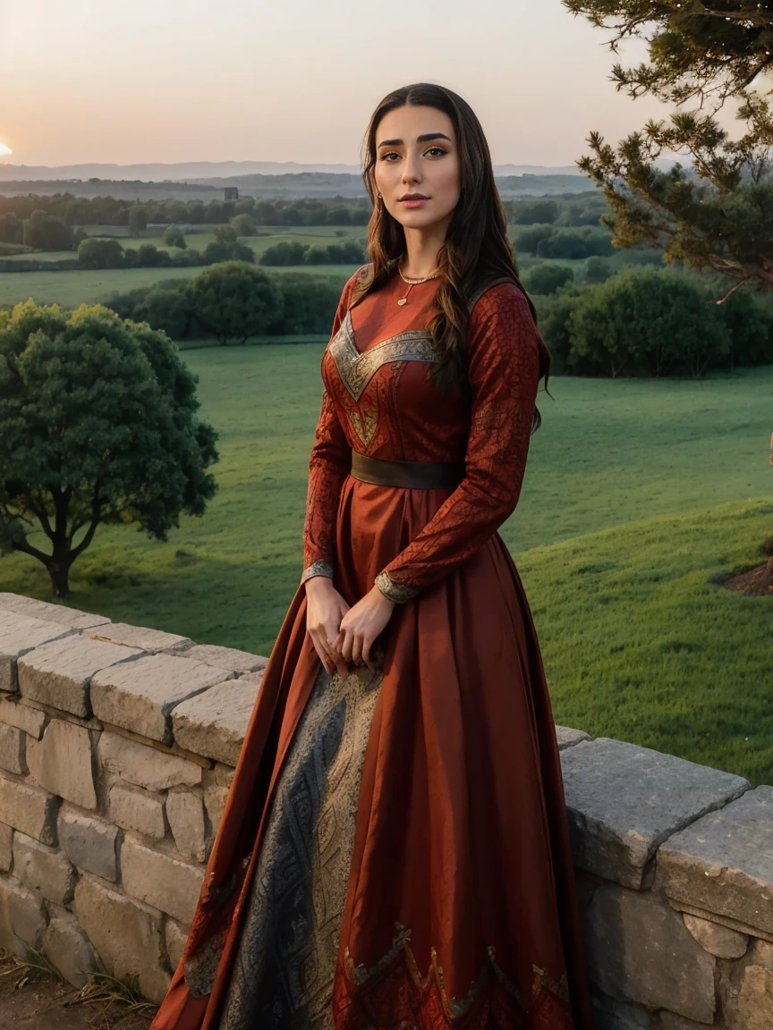 Beautiful and regal, imperious and aloof, busty athletic (thin) brunette queen with sharp facial features wearing a modest updo, dark red medieval dress, long sleeves, intricate patterns, embroidery, wide neck, crown, veil, long dress, modest dress, tight bodice, (silver waist chain), medieval jewelry, Middle Ages, castle, rampart, wall, exterior, on top of a castle wall, trees, countryside, evening, sunset.