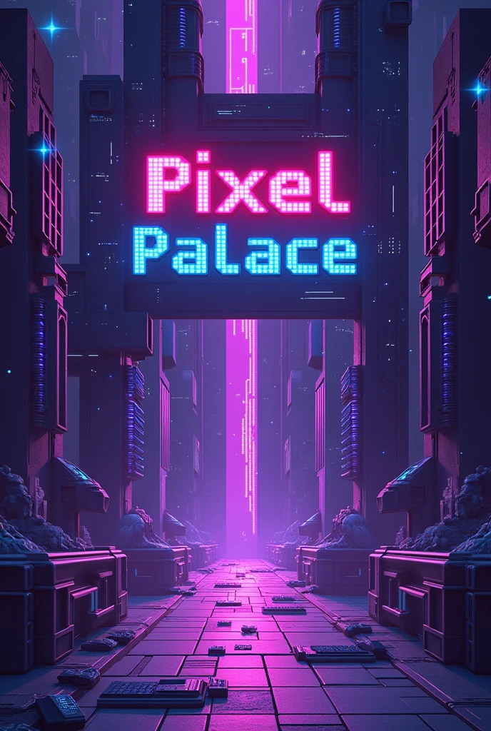 CREATE AN IMAGE WITH A NAME "PIXEL PALACE" THAT THE ENVIRONMENT IS COMPLETELY PIXELATED AND THAT THE NAME "PIXEL PALACE" BE AS LEGIBLE AS POSSIBLE AND THE IMAGE IS PURPLE