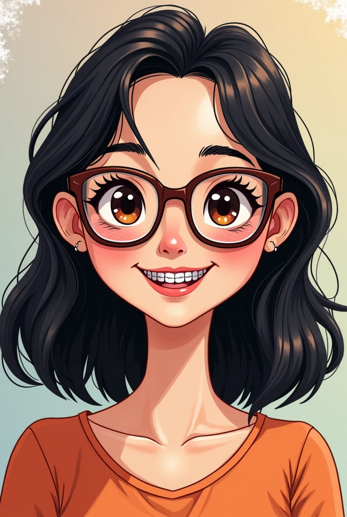 Create a cartoon character with my girlfriend's characteristics:
Woman Medium Hair, black and smooth Small nose Chin tucked in Wears braces on teeth Dark brown eyes Wears glasses