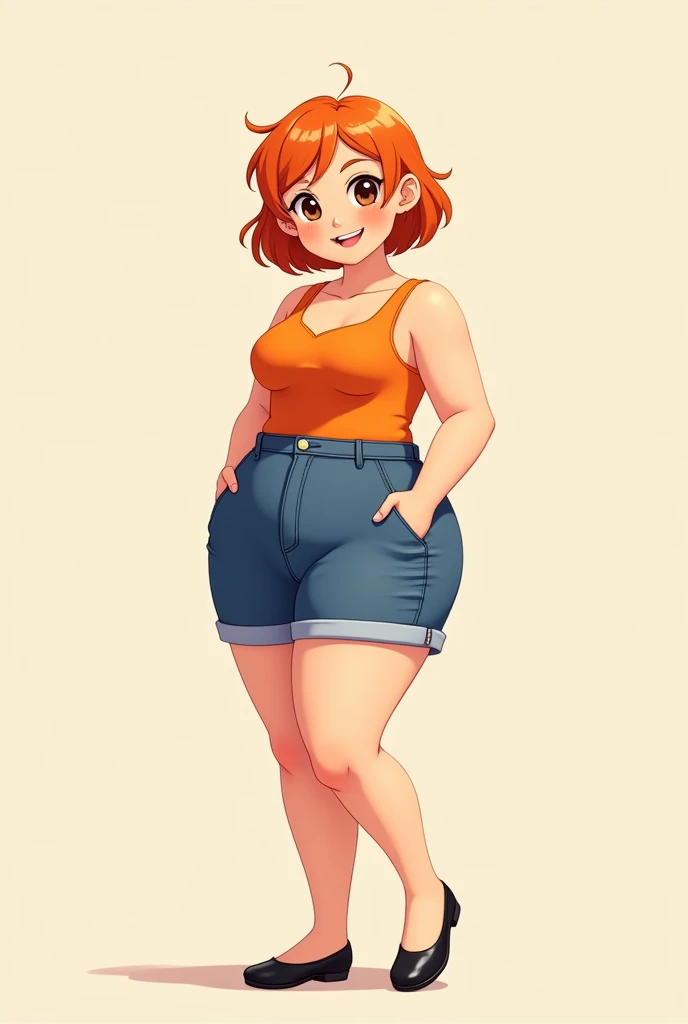 a cartoon adult girl, anime girl, cell shaded adult animation, shorts, orange hair, solo, short hair, smile, full body, 4k hd, legs visible, tall, blue shorts and an orange tank, brown eyes, 1girl, in black Flats, 4k hd, wide, chubby girl, long legs