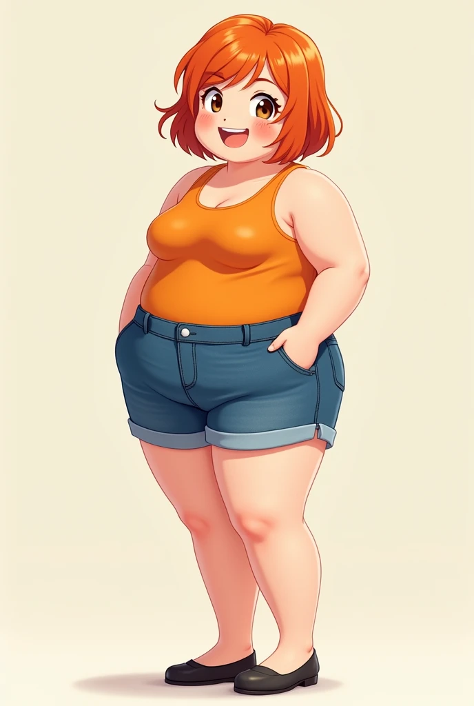 a cartoon adult girl, anime girl, cell shaded adult animation, shorts, orange hair, solo, short hair, smile, full body, 4k hd, legs visible, tall, blue shorts and an orange tank, brown eyes, 1girl, in black Flats, 4k hd, wide, chubby girl, long legs