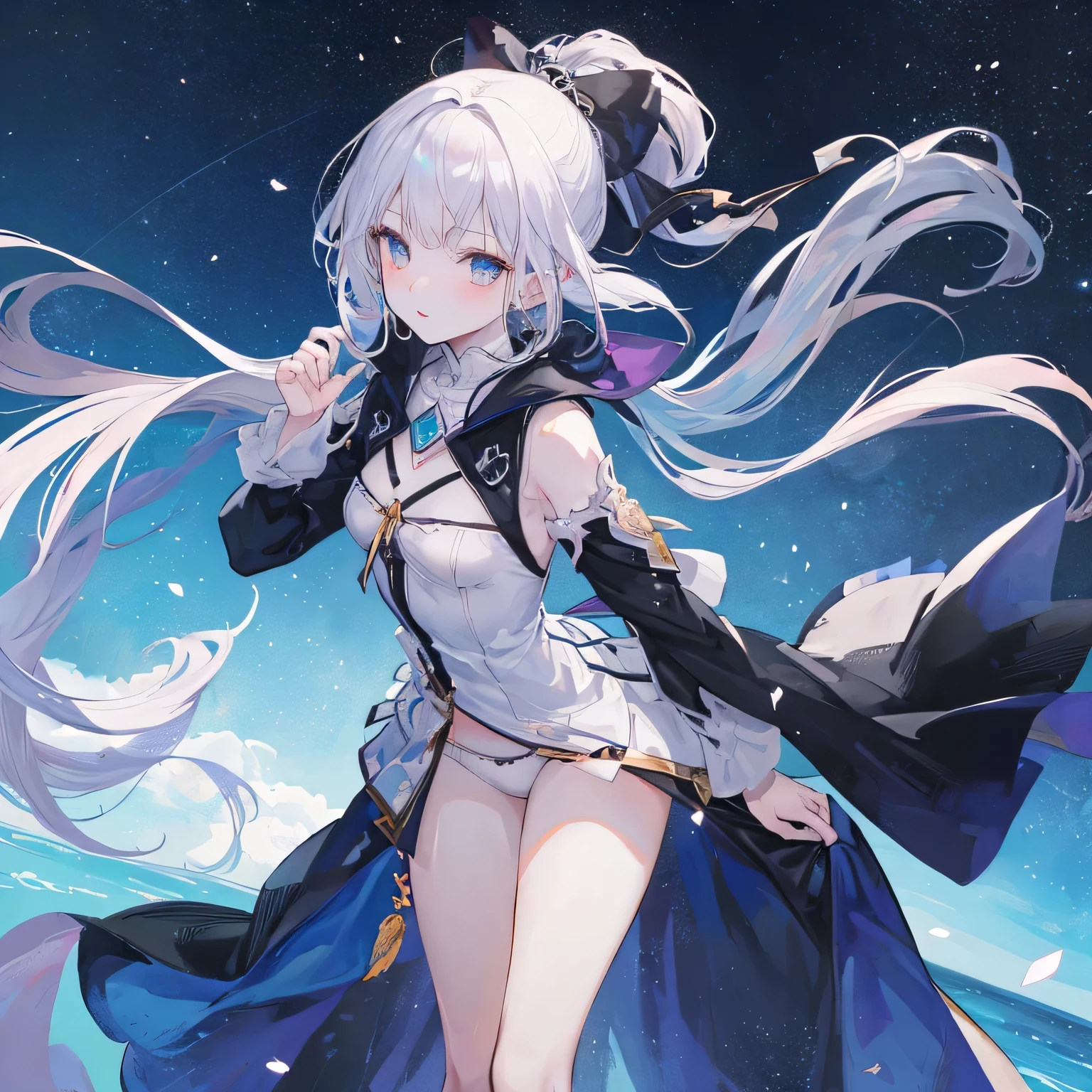 Beautiful woman, cute, A dignified expression, Transparency, gem, long hair, ponytail, Forward Shorthair, Black Hair, Blue Hair, Silver Hair, flower, Cool, blue sky, The wind is blowing, Gradient Hair, Ray Tracing, reflected light, Anime Style, masterpiece, Highest quality, Anatomically correct, Accurate, Super Detail, High resolution, Pink Lips, A slender, feminine face, White skin, Beautiful night view, The face is facing straight ahead, not turning left or right, Fantasy, underwear, No nostrils, Head to leg