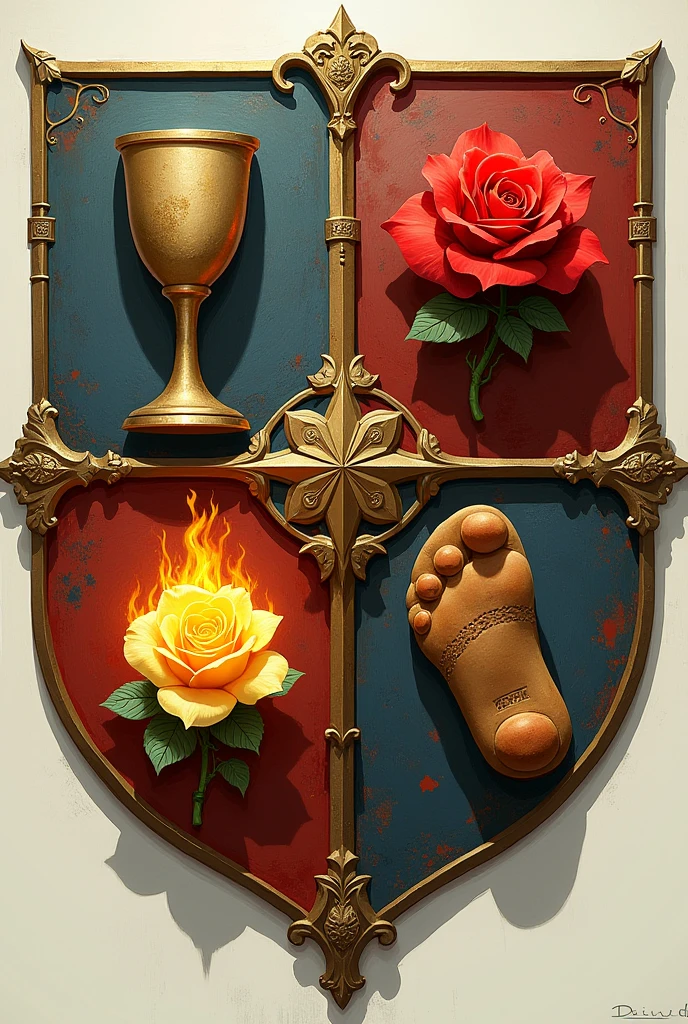 I want a coat of arms, below this Coat of Arms must contain the name DEIVIDI. The coat of arms must be divided into four parts: in the first part it must contain a chalice, in the second part there must be three roses, a white, one red and one yellow, in the third part there must be a soul enveloped in flames symbolizing the suffering of purgatory and in the fourth part there must be a men's sandal.