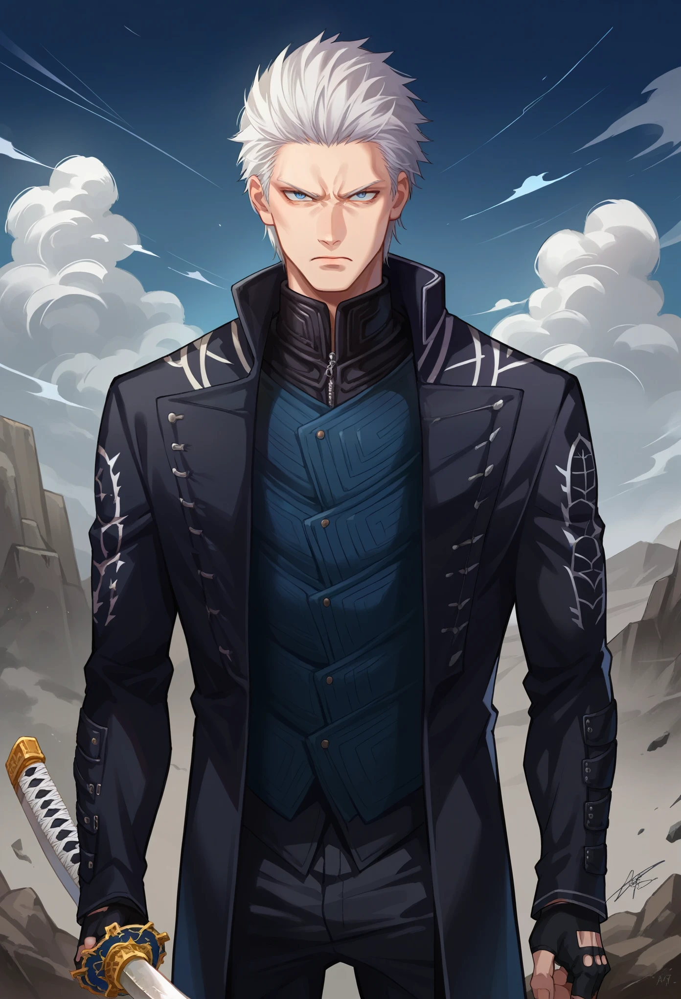 score_9, score_8_up, score_7_up, source_anime, 1boy, solo, dmc5vergil,  white hair, blue eyes, black coat, fingerless gloves, pants, standing, serious, draw a katana, stance, holding a katana, looking at you, wasteland, gray landscape, desolated, gray plain,